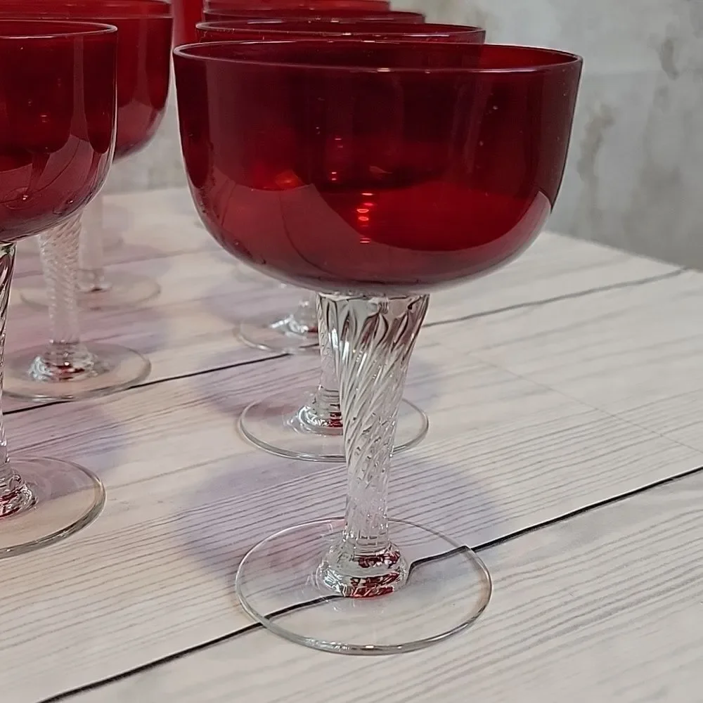 Colony glass Saturn pattern red clear twist stem Set of 12 sherbert glasses